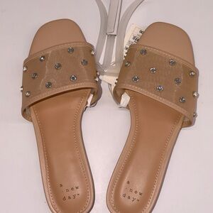 Nude Mesh Slide Sandals with Rhinestones
